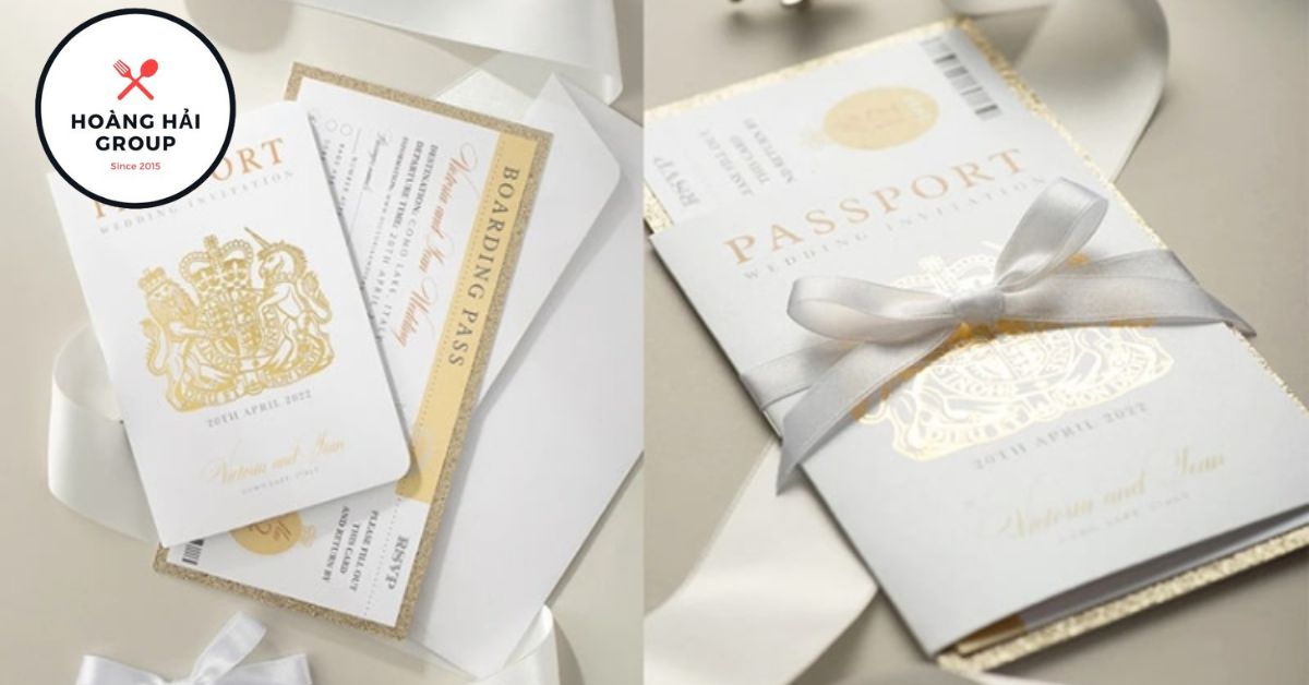 Mẫu thiệp cưới passport màu kem và lá vàng
