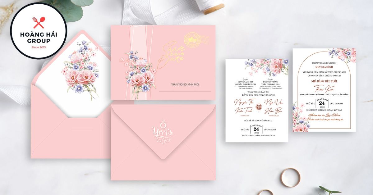 Mẫu thiệp cưới đơn giản vàng hồng lãng mạn