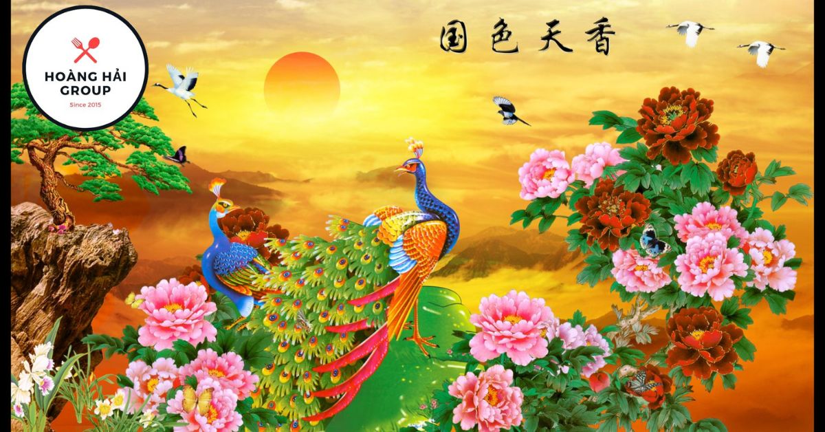 Tranh đôi chim công hoa mẫu đơn